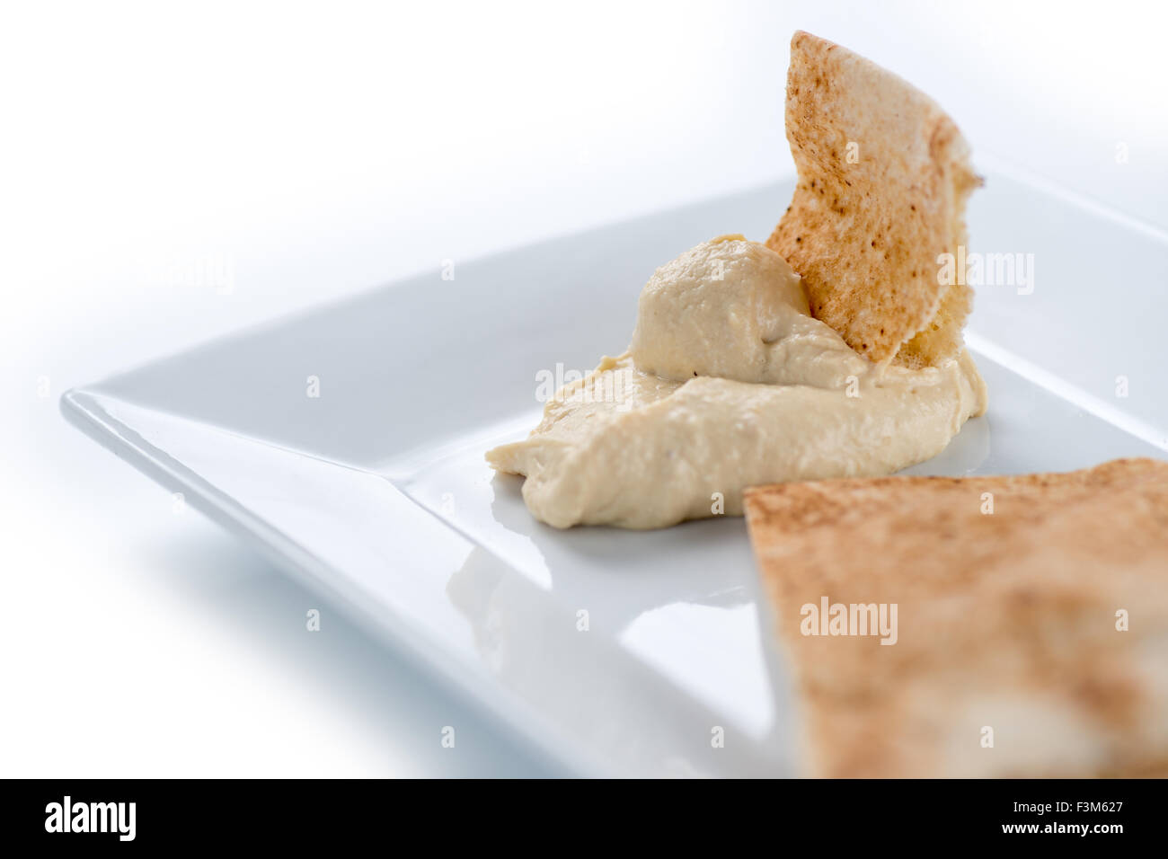 Closeup of hummus with pita isolated against white Stock Photo