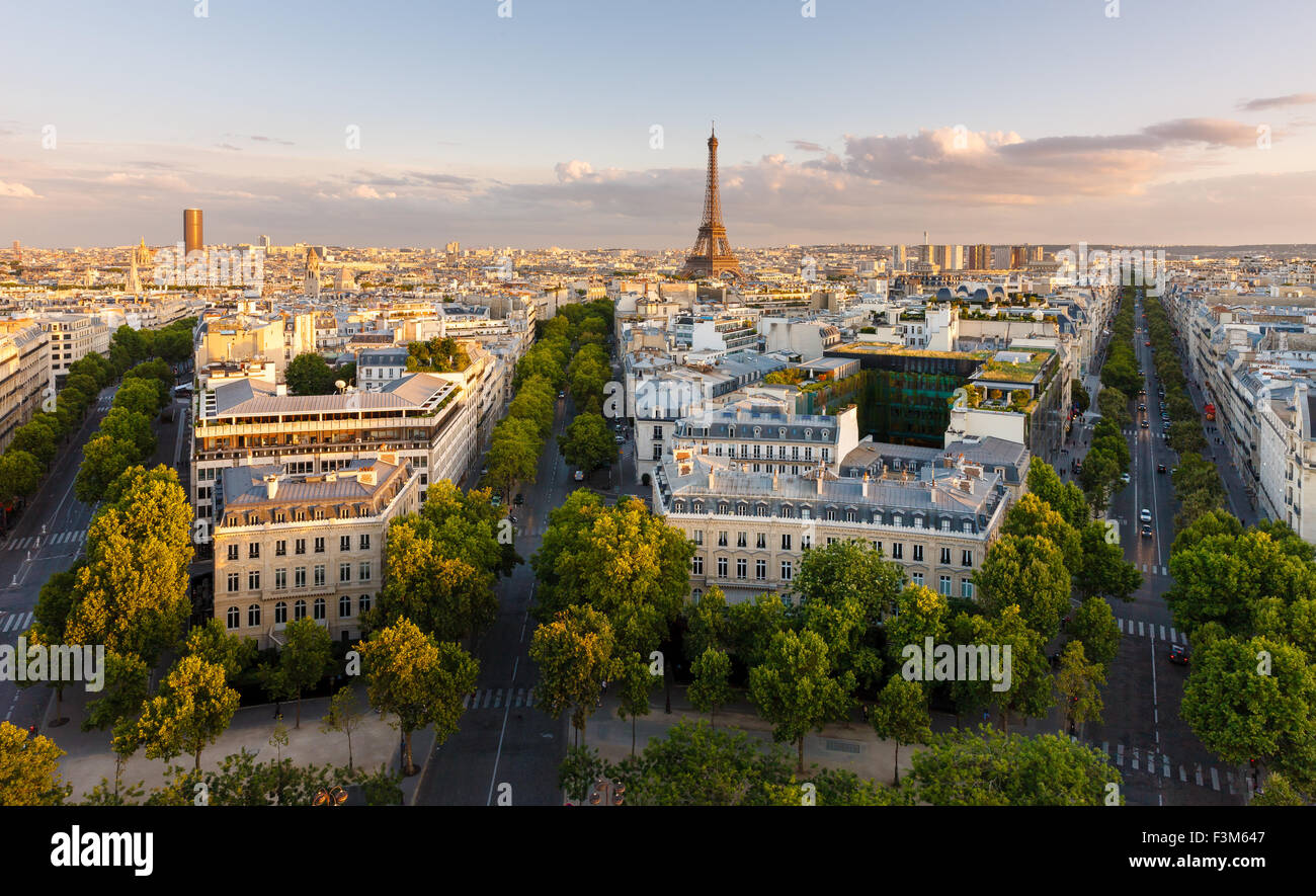 Paris from above showcasing rooftops, the Eiffel Tower,  Paris tree-lined avenues with their haussmannian buildings. France Stock Photo