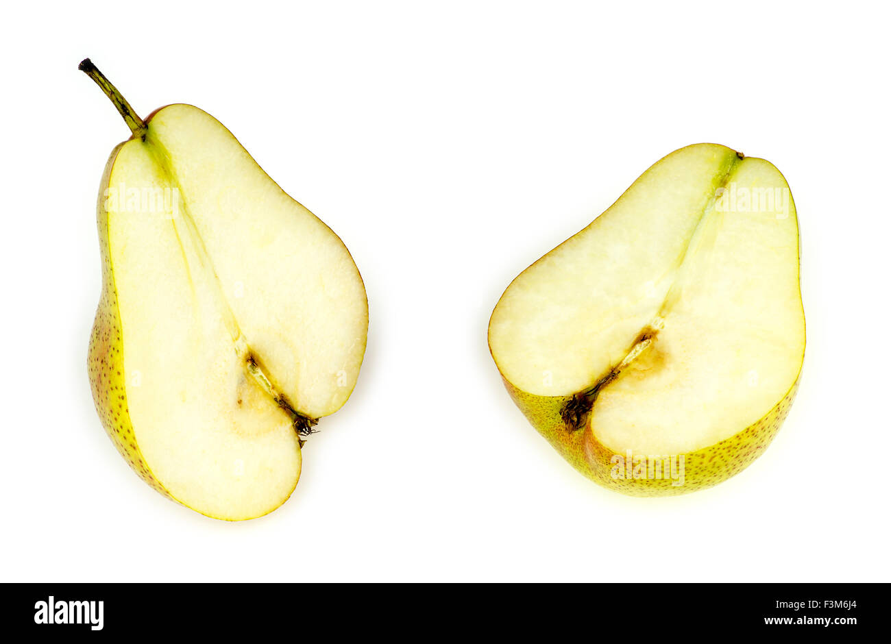 Inside of soft, tasty and juicy pear, halved, isolated on white Stock Photo