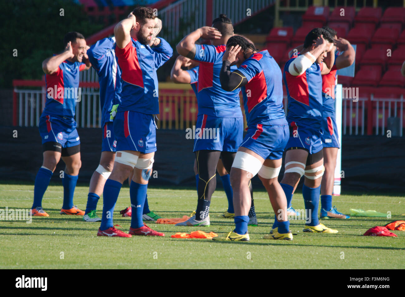 Gateshead, UK, 9 October 2015, Samoan players warming up during their Captain's run the day before their pool match against Scotland in the Rugby World Cup 2015. Credit: Colin Edwards/Alamy Live News Stock Photo