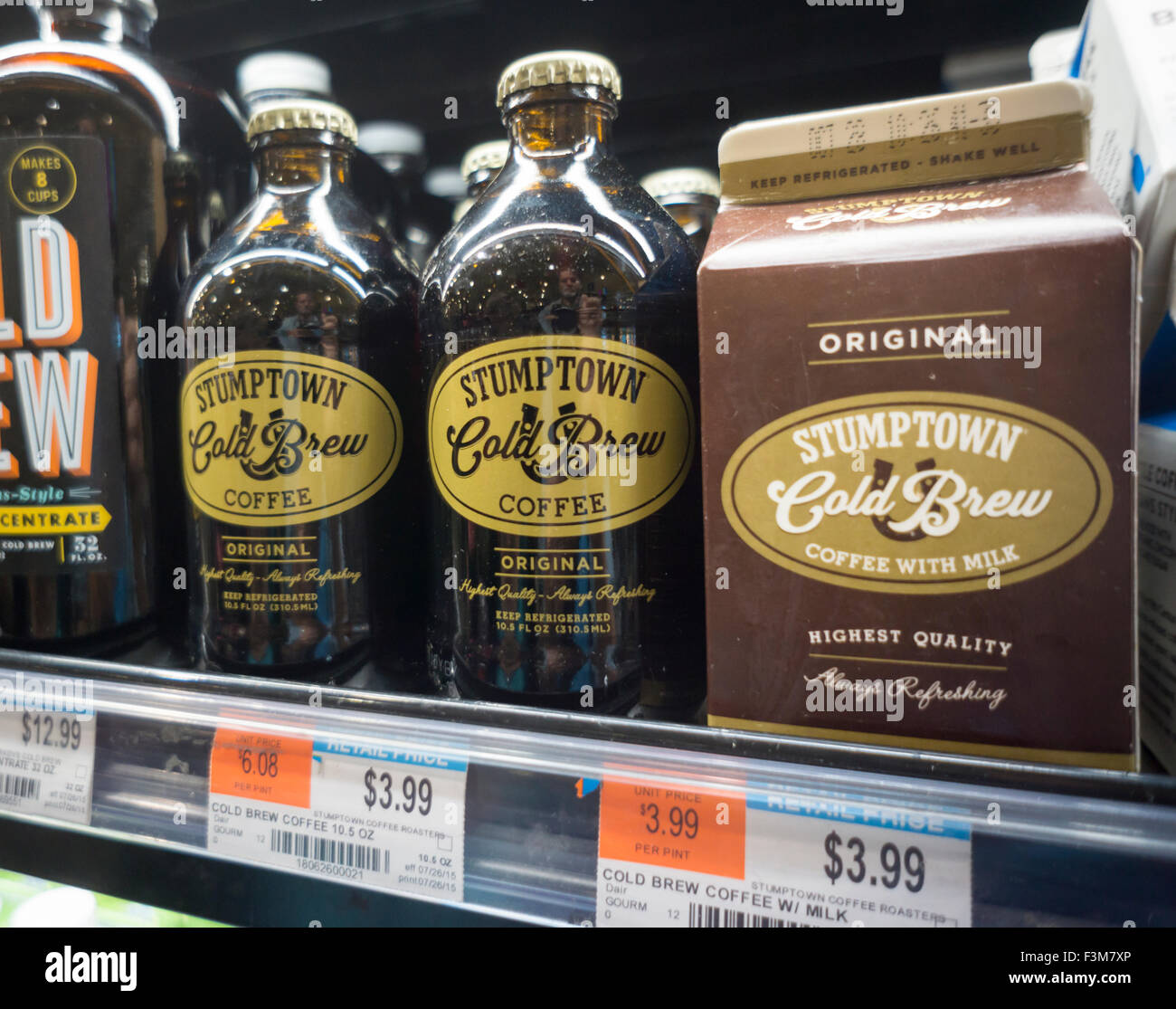 Containers of Stumptown Coffee Roasters' Cold Brewed Coffee in a supermarket in New York on Wednesday, October 7, 2015. Peet's Coffee & Tea has bought Stumptown Coffee Roasters for an undisclosed sum. Stumptown has a cult-like following and the two brands are expected to operate independently. (© Richard B. Levine) Stock Photo