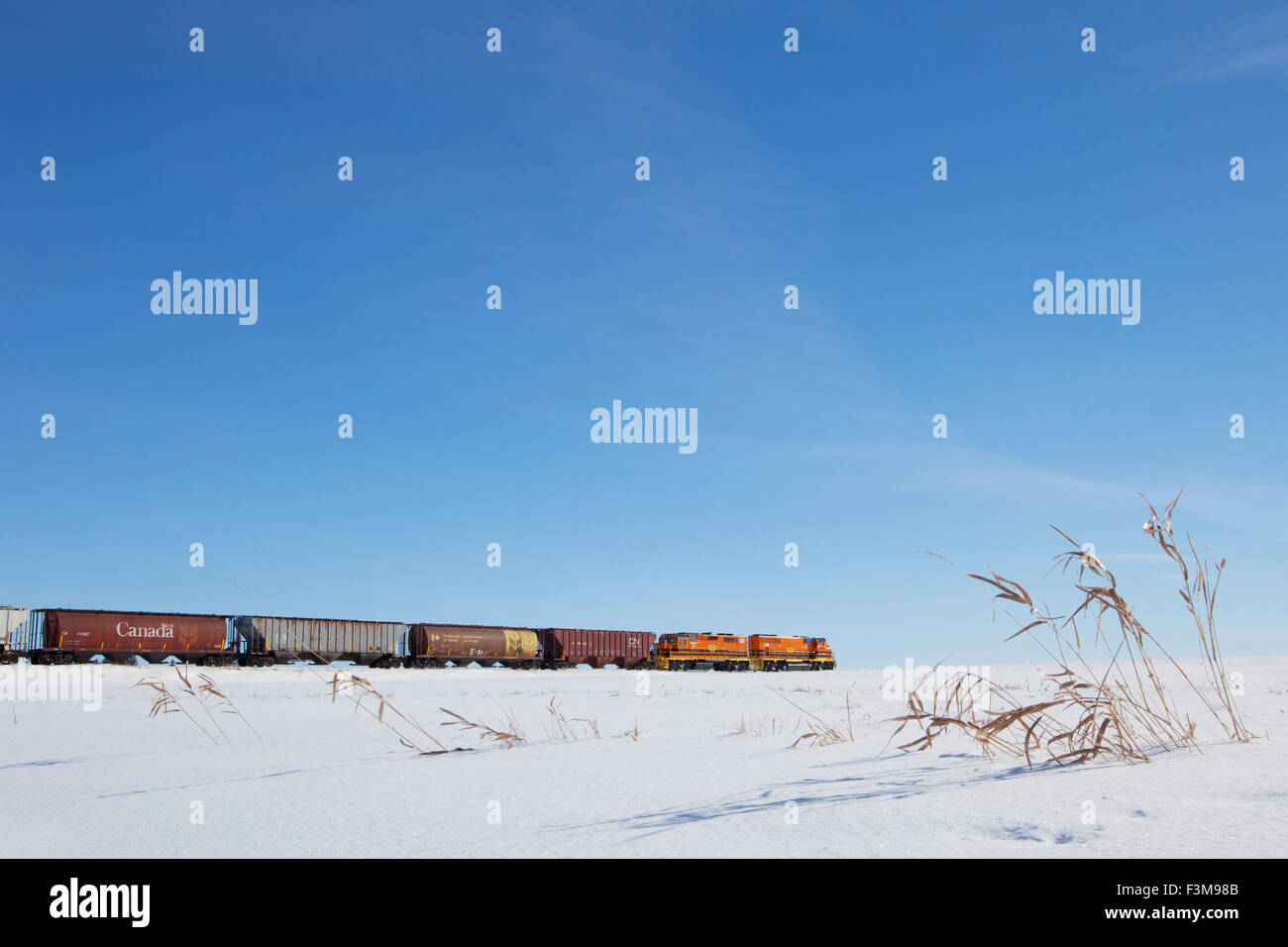 Field,Winter,Ontario,Train,Blue Sky Stock Photo