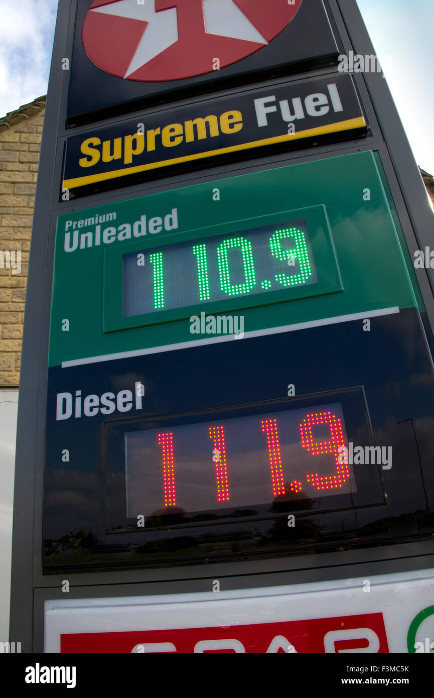 Price display sign on a Texaco service station forecourt in Cirencester, Gloucestershire,showing current prices of fuels. a UK Stock Photo