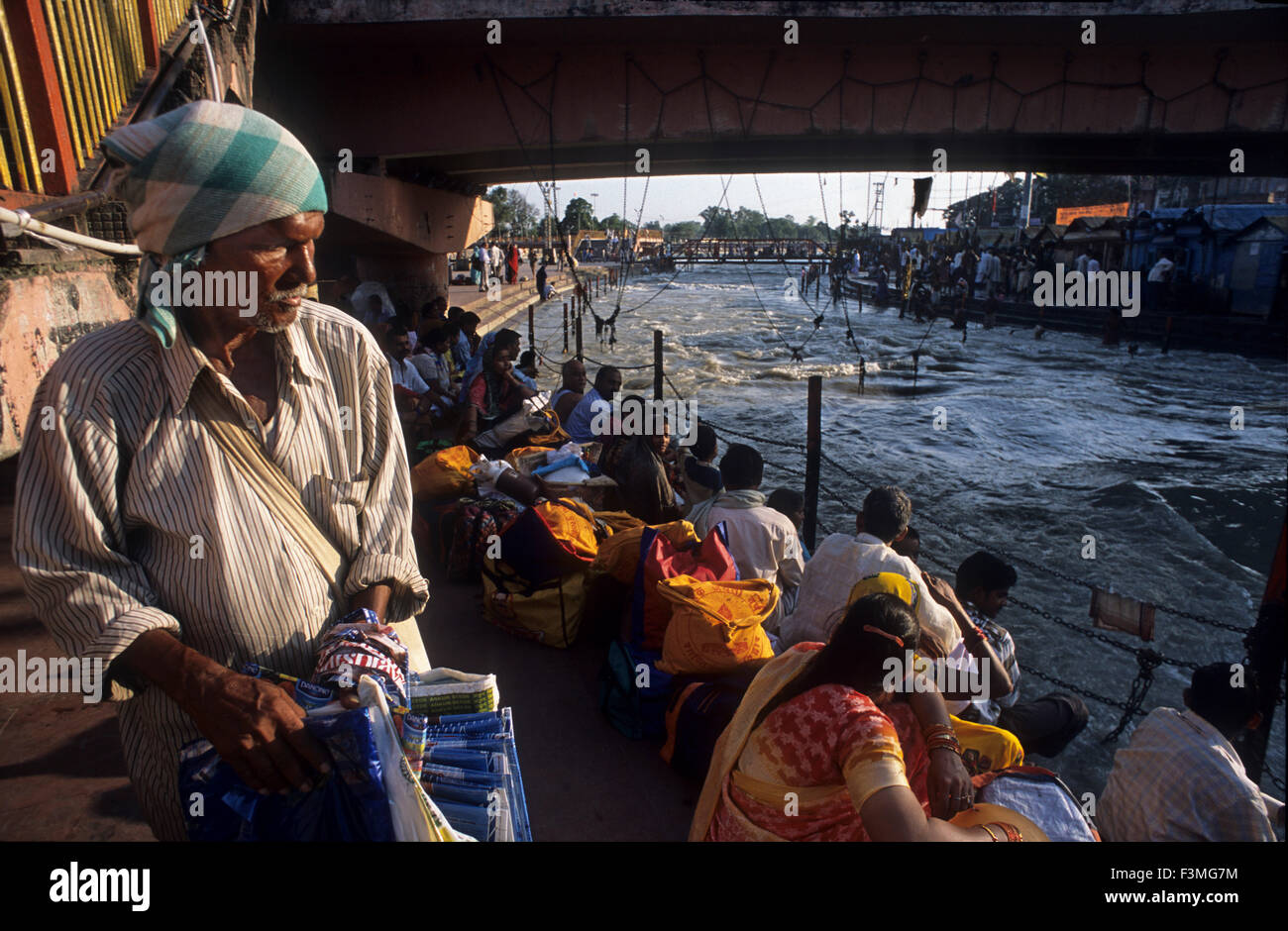 Hindu pilgrims at the Ardh Kumbh Mela religious festival in Haridwar in India. Haridwar, Uttaranchal, India. One of the most fam Stock Photo