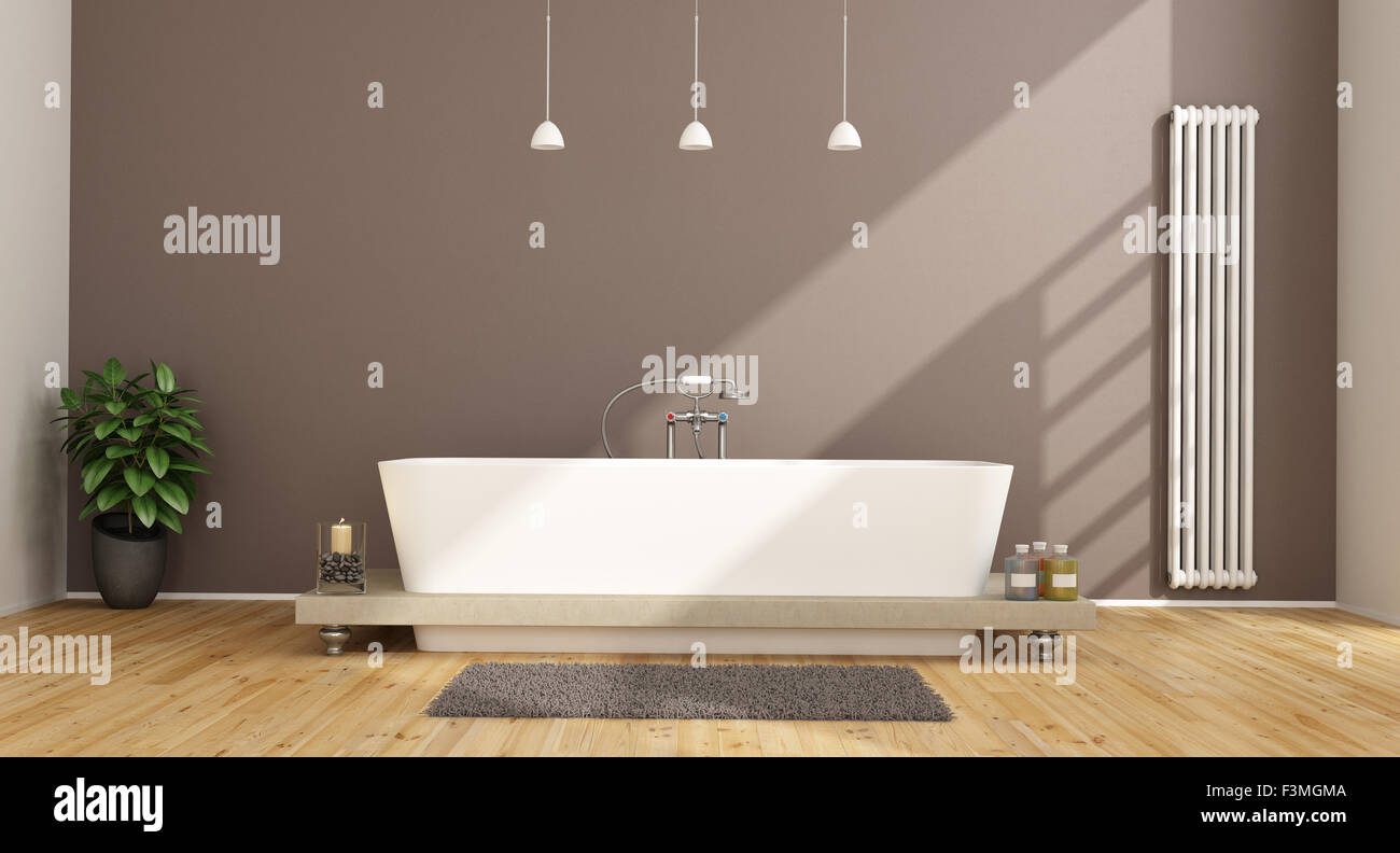 Contemporary bathroom with elegant bathtub and vertical heater on brown wall - 3D Rendering ...