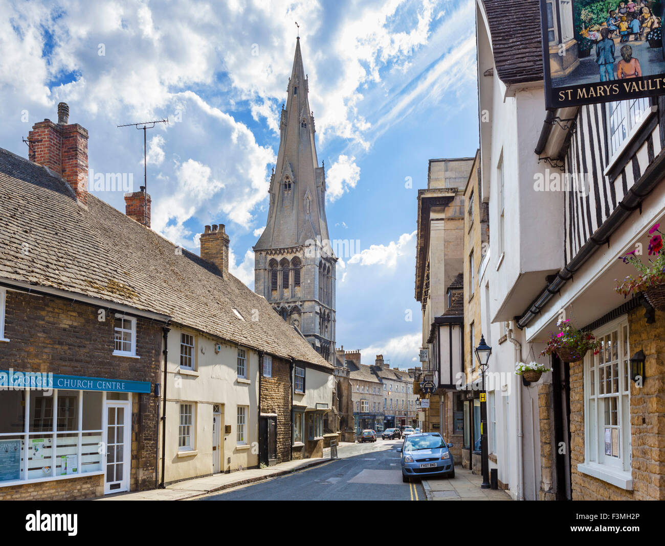 St Mary's Street and St Mary's Church, Stamford, Lincolnshire, England