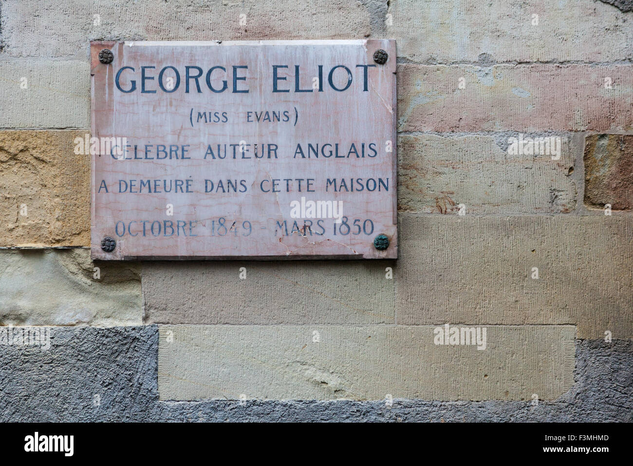 Stone plaque celebrating the British author George Eliot, otherwise known as Mary Ann Evans, Geneva, Switzerland Stock Photo