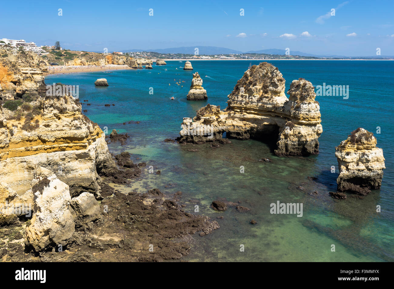 Aerial view of the famous beach harbor and rock in Portgual's Algarve region. August, 2015. Stock Photo