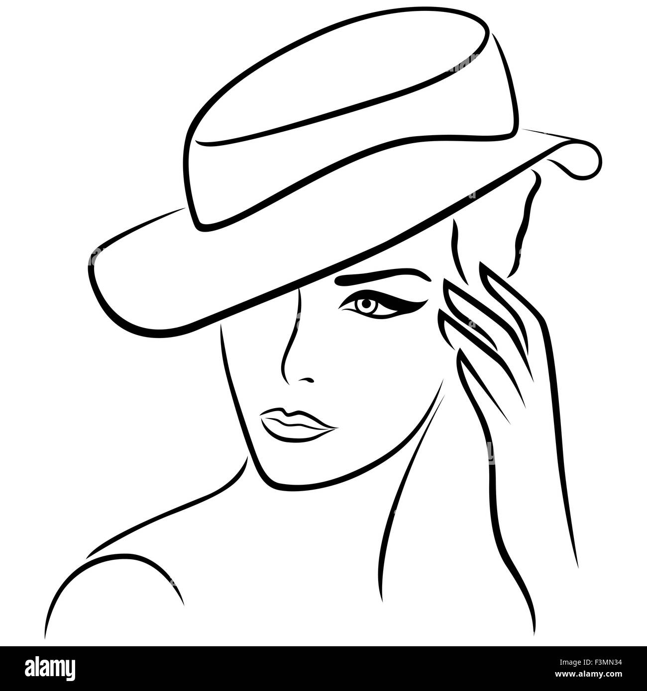 Elegant young girl in a hat, hand drawing black vector outline Stock Vector
