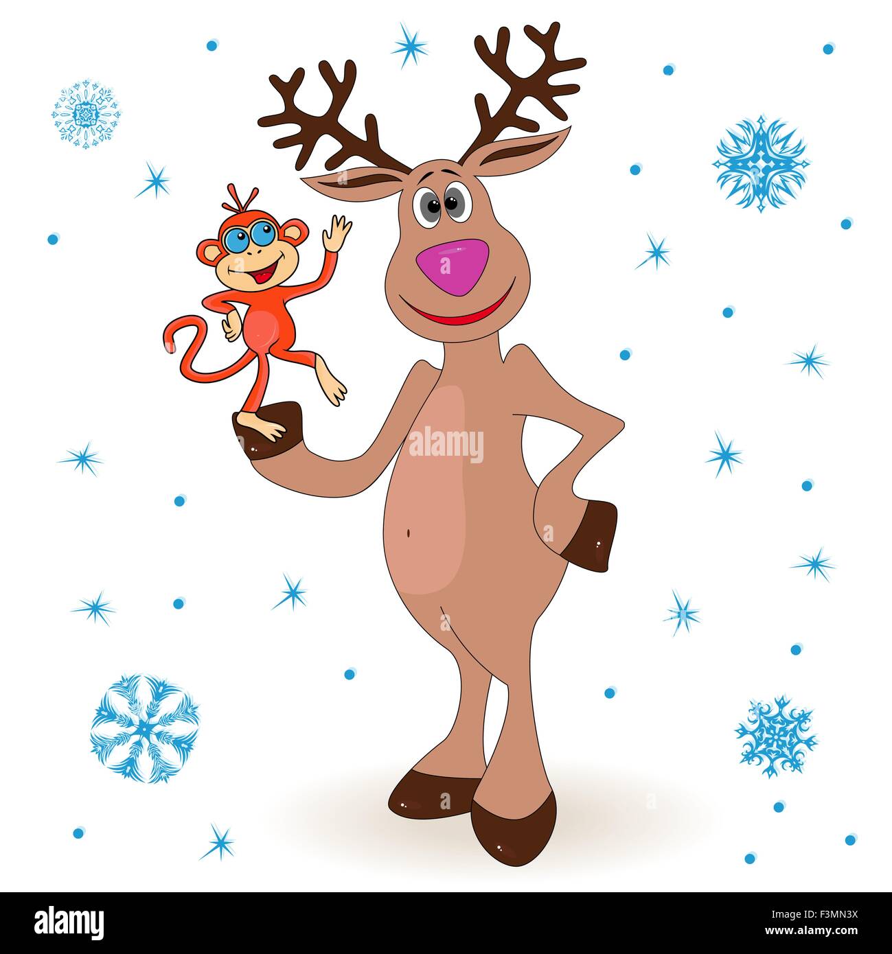 Amusing reindeer holding a small monkey - the symbol of 2016, cartoon vector artwork on the winter background Stock Vector