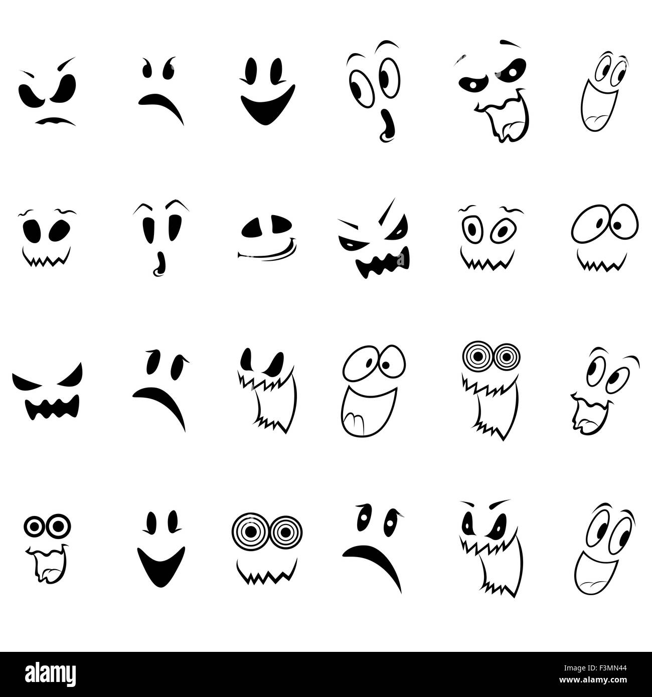 Set of twenty four ghosts faces outline with various characters isolated on a white background, cartoon Halloween vector illustr Stock Vector