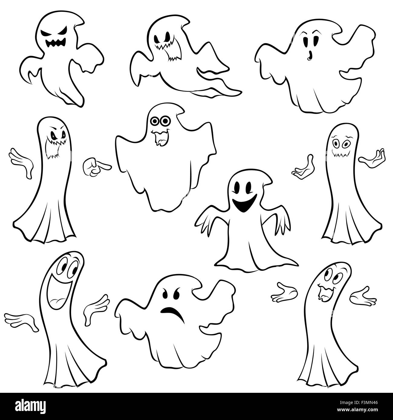 Set of ten ghost outline with various characters isolated on a white background, cartoon Halloween vector illustration Stock Vector