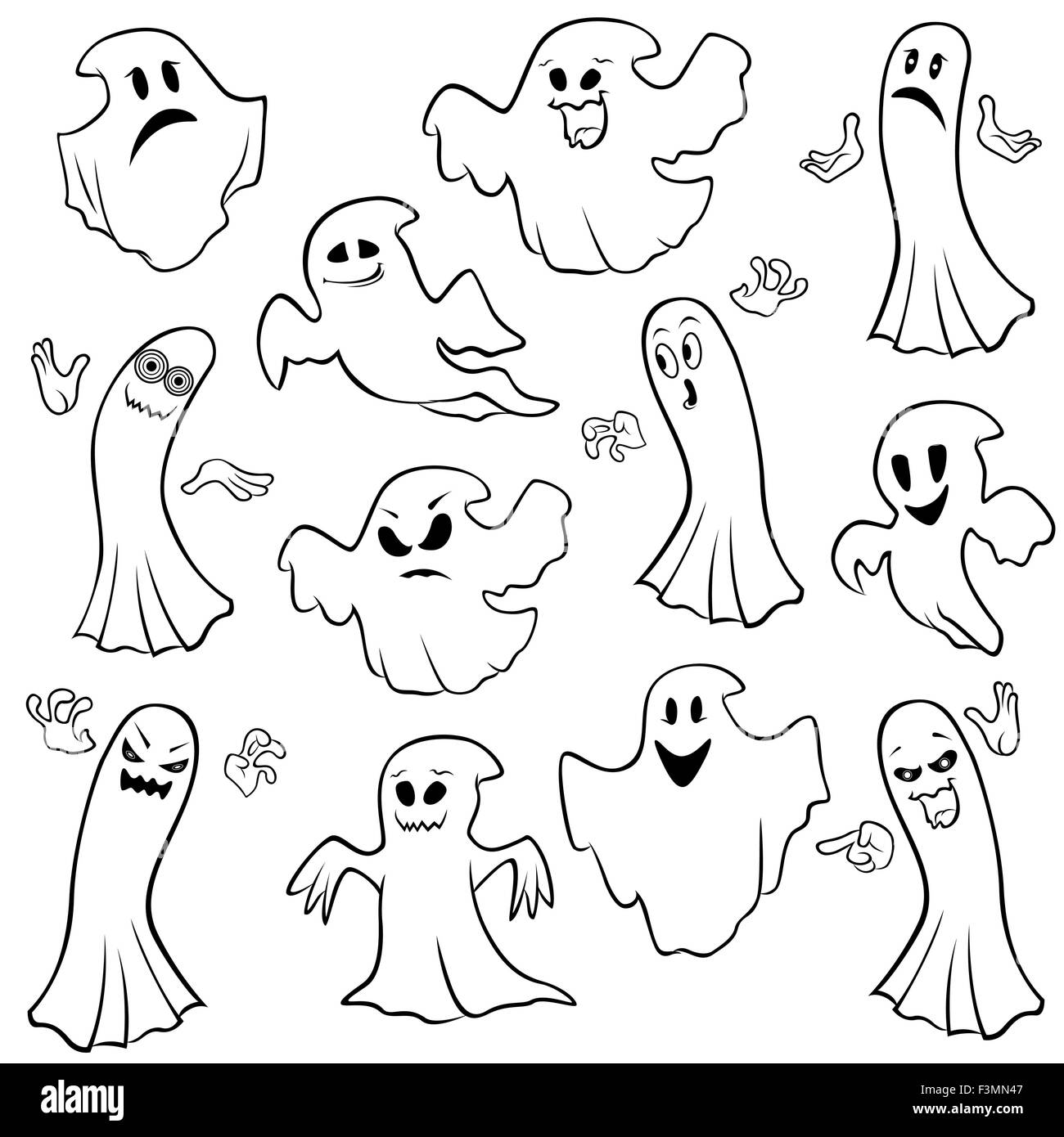 Set of twelve ghost outline with various characters isolated on a white background, cartoon Halloween vector illustration Stock Vector