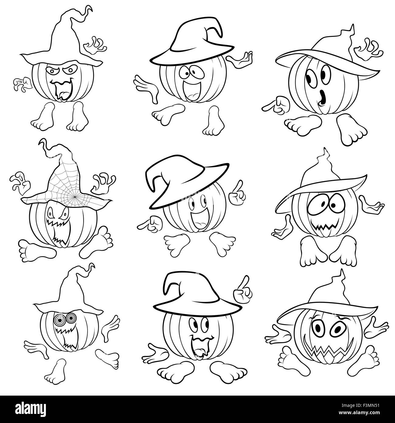 Halloween set of nine outlines of pumpkins in hats that gesticulate with hands and feet isolated on the white background, cartoo Stock Vector