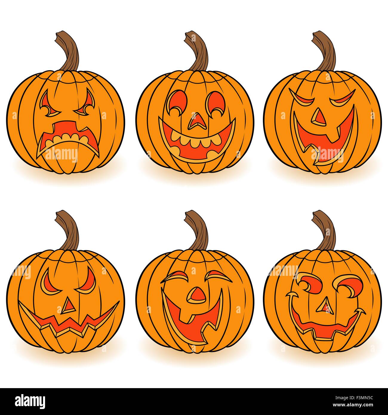 Halloween set of six funny smiling orange pumpkins with various face ...