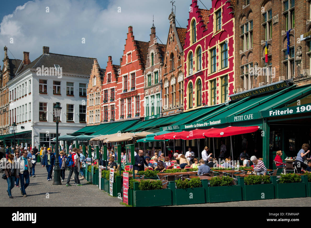 Restaurants and Buildings of the Market Square in Bruges, Belgium Stock Photo