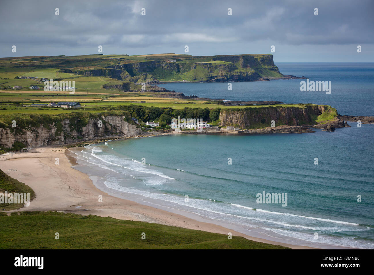 View over village of Portbraddan and the north coast of County Antrim, Northern Ireland, UK Stock Photo