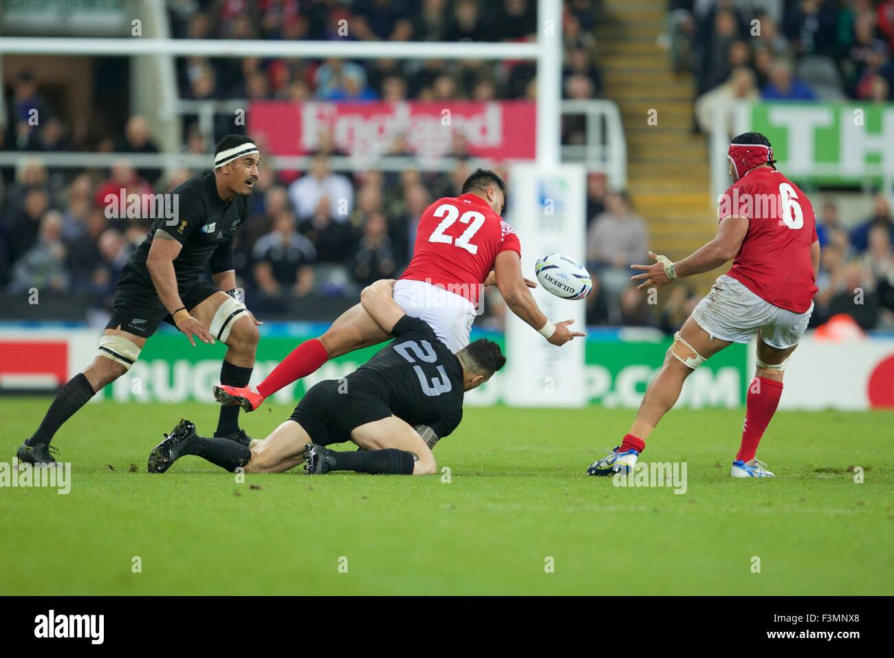 St James Park, Newcastle, UK. 09th Oct, 2015. Rugby World Cup. New Zealand versus Tonga. Tonga centre Viliami Tahitu'a is tackled by New Zealand All Black centre Sonny Bill Williams. Credit:  Action Plus Sports/Alamy Live News Stock Photo