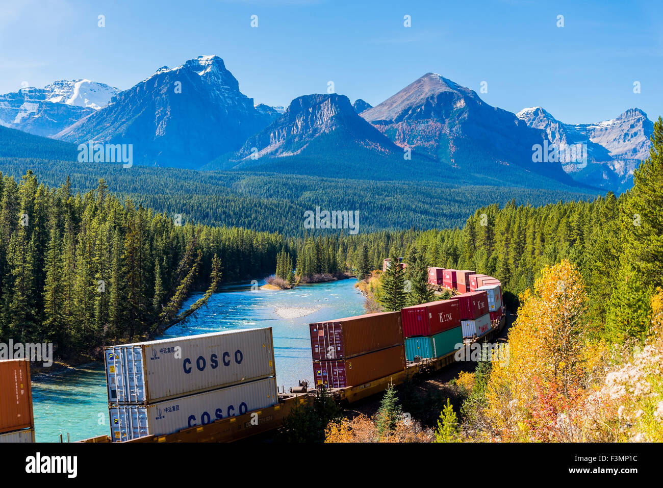 Freight train at Morant's curve, Banff National Park, Alberta, Canada Stock Photo