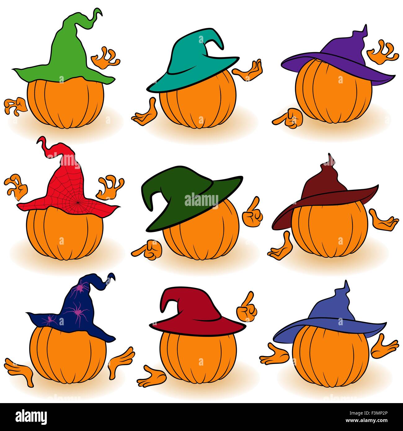 Halloween set of nine orange pumpkins in color hats that gesticulate ...