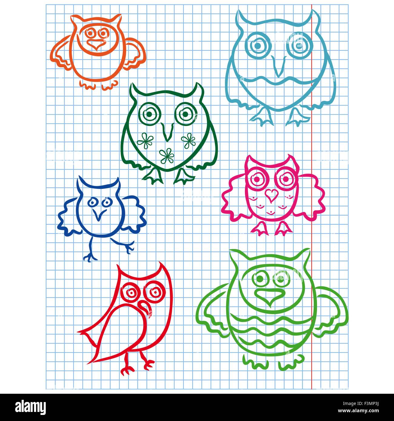 Set of seven cute color owls drawing on a checkered sheet, vector