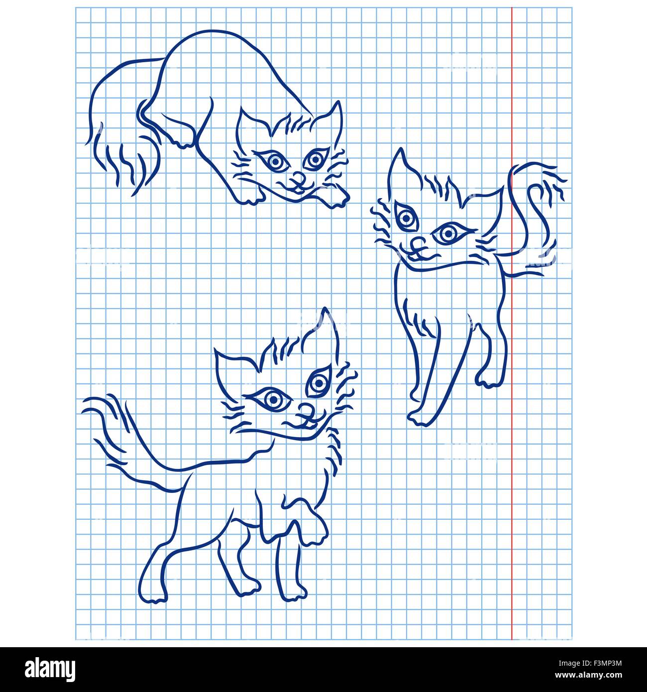 Cute three blue cats drawing on a checkered sheet, vector illustration Stock Vector