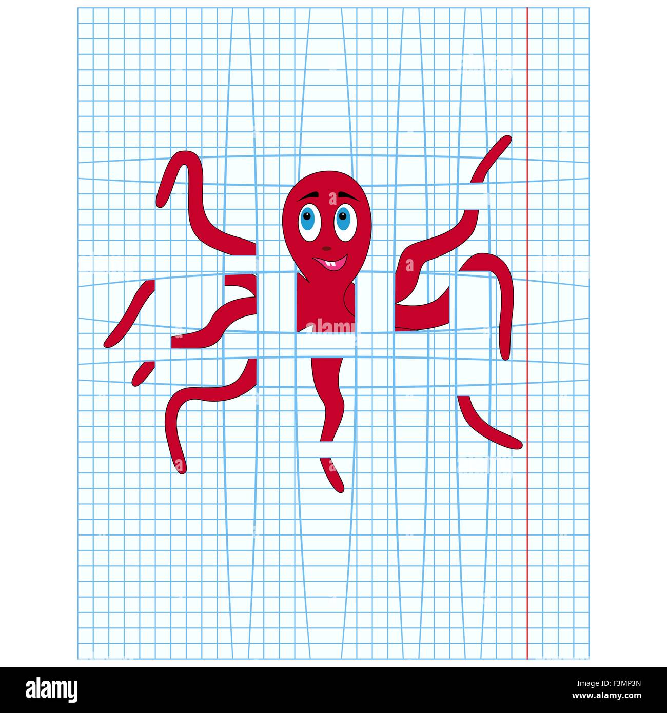 Cute red octopus caught in the lines of checkered sheet, cartoon vector illustration Stock Vector