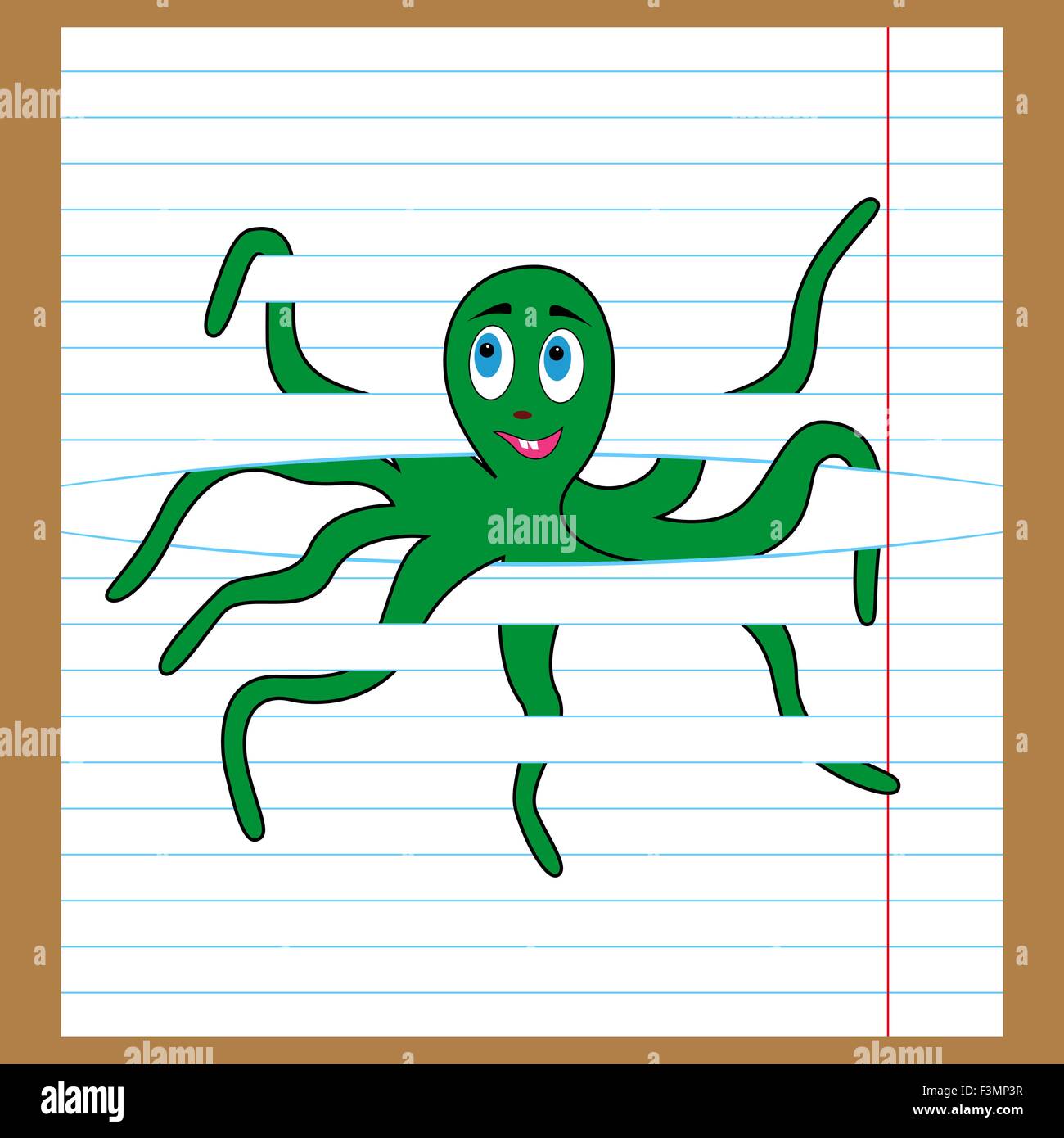 Cute green octopus caught in the lines of sheet, cartoon vector illustration Stock Vector