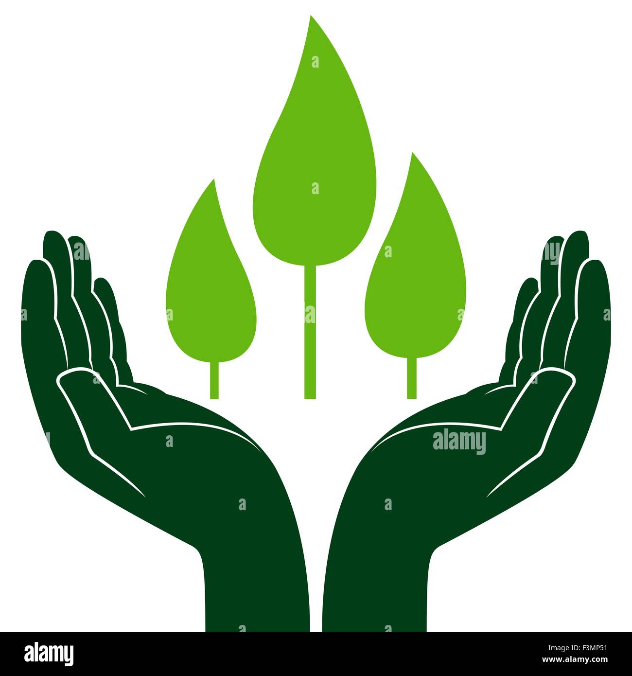 Green trees in human hands, conceptual ecologic vector illustration Stock Vector