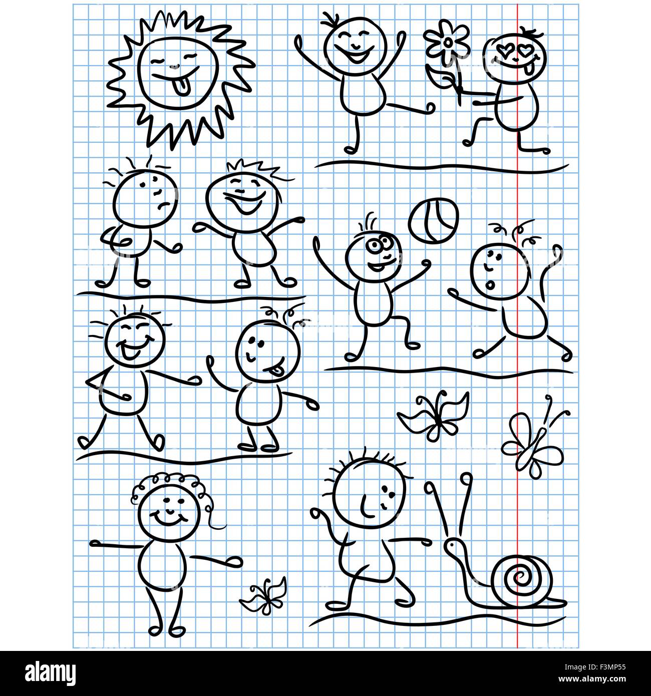 Amusing smiling sun and set of several kid figures in various funny scenes, sketching cartoon vector artwork as a childish drawi Stock Vector