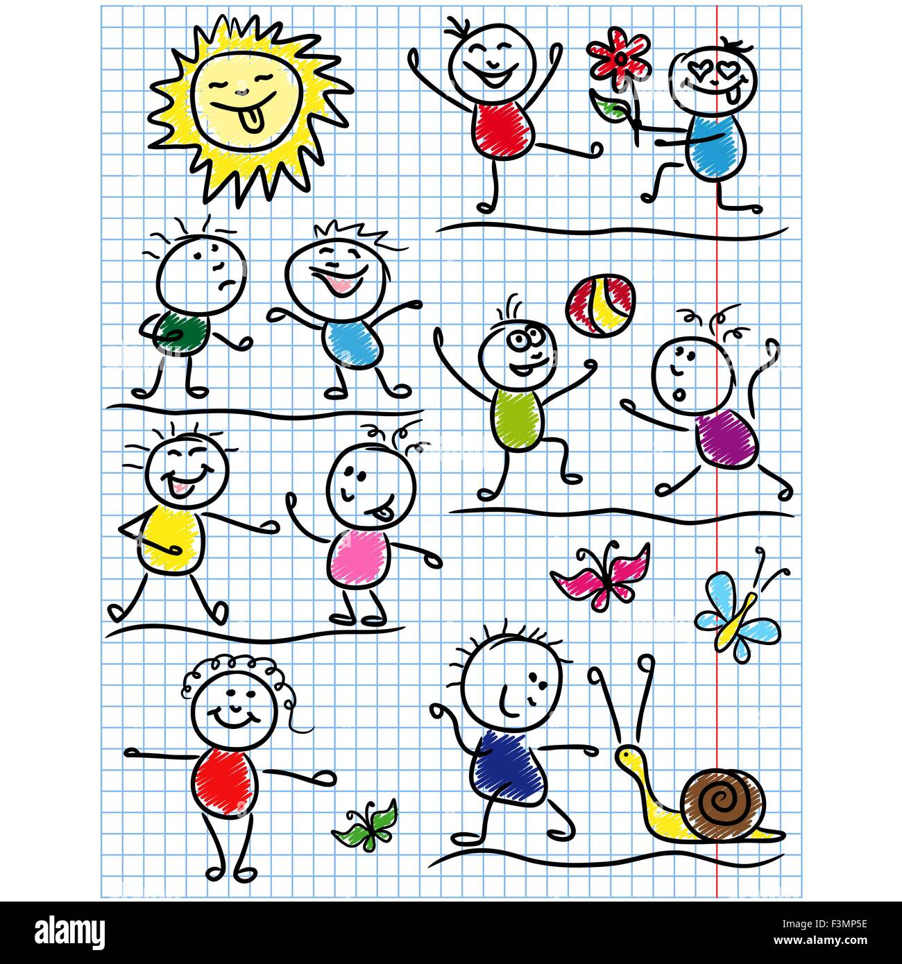 Amusing scenes with smiling sun and set of several kid figures, sketching colored cartoon vector artwork as a childish drawing o Stock Vector