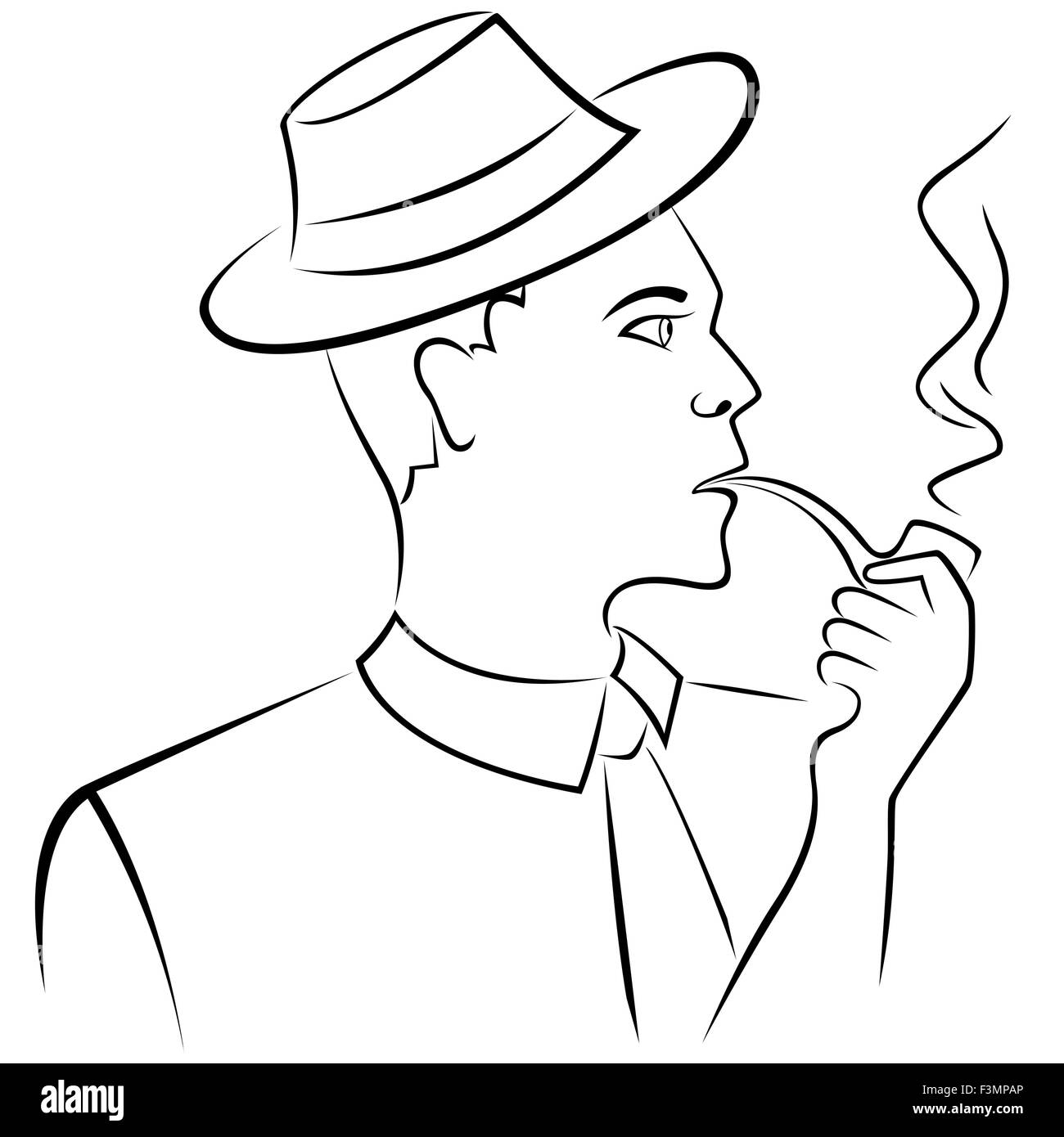 Man in retro hat smoking a pipe, hand drawing vector outline Stock Vector