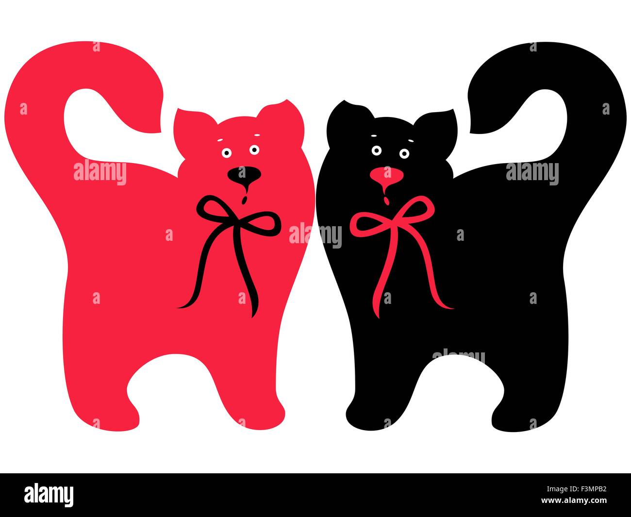 Two elegant cats with ties, Red and Black symmetrically standing, hand drawing vector artwork Stock Vector