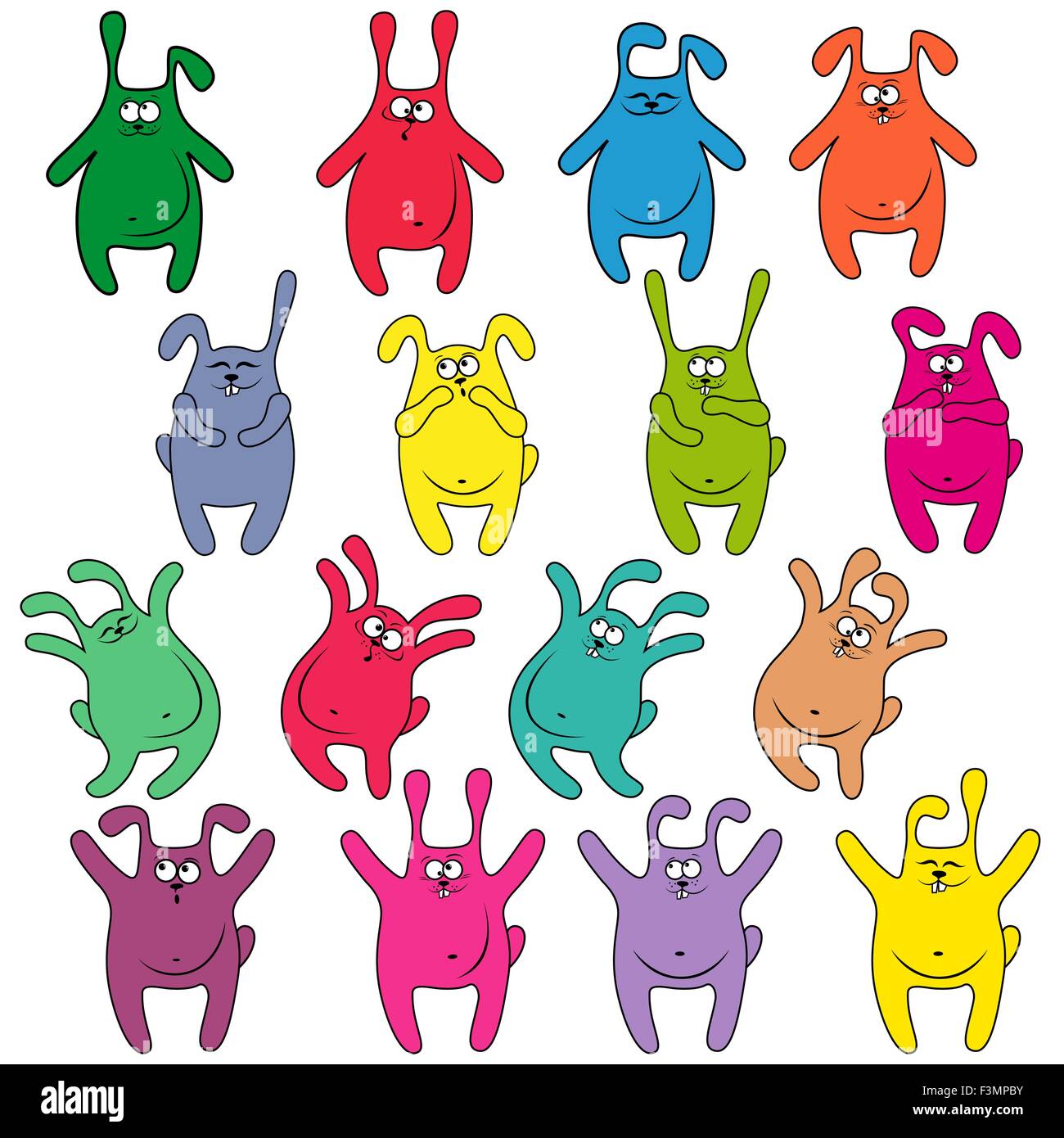 Set of sixteen thick funny rabbits of different colours, cartoon vector illustration Stock Vector