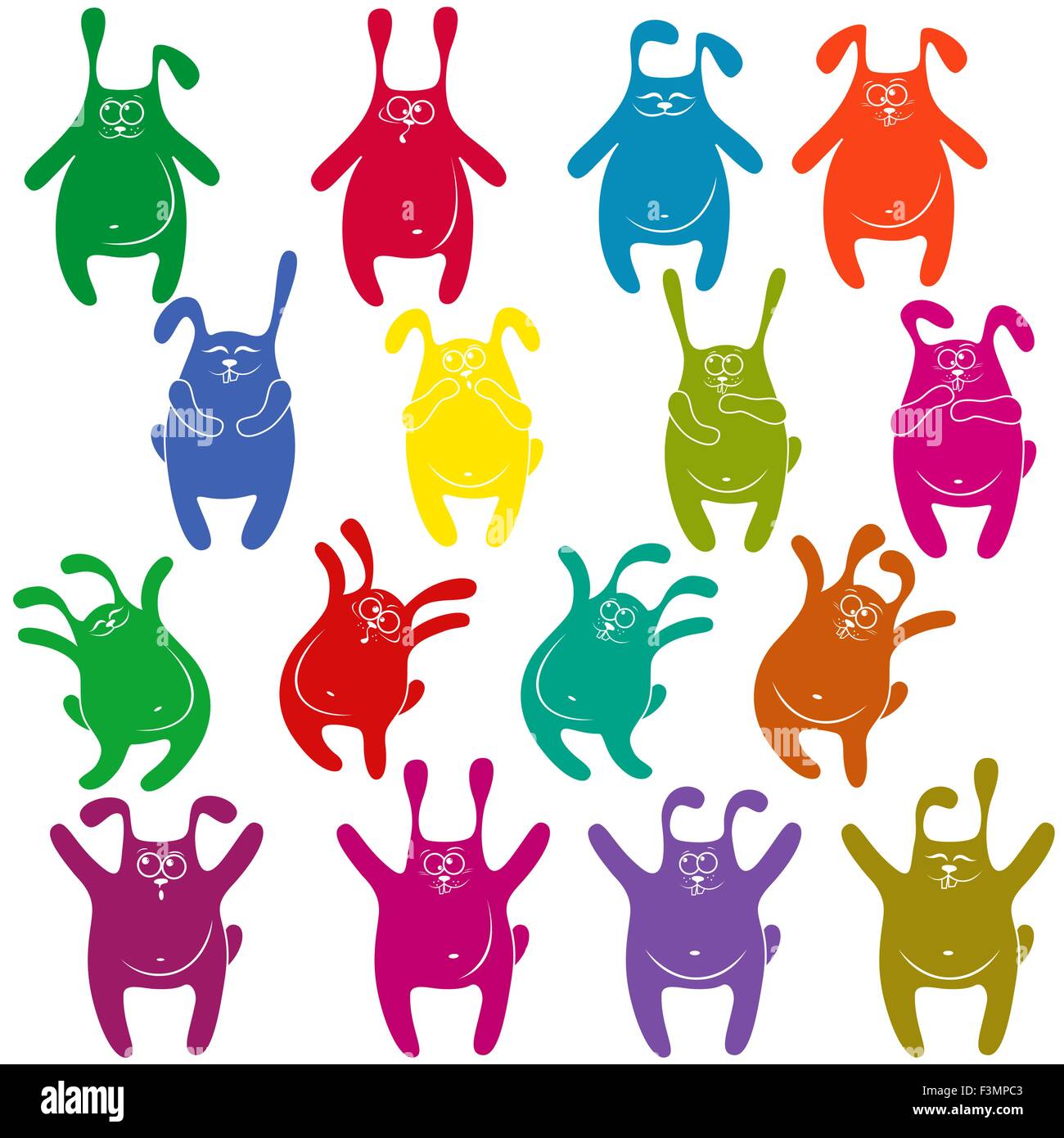 Set of sixteen thick funny rabbit stencils of different colors, cartoon vector illustration Stock Vector