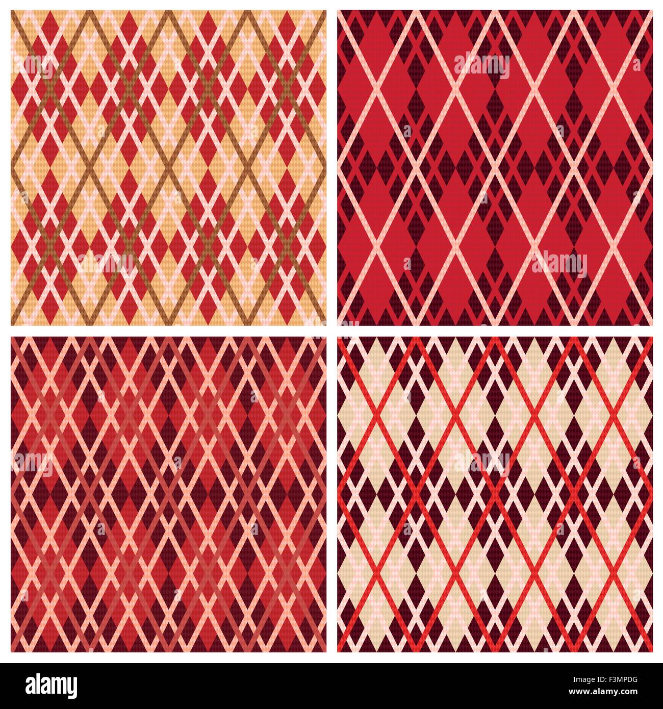 Set of four rhombic seamless vector patterns in red hues collected in one file, patterns in same as a Celtic tartan plaid Stock Vector