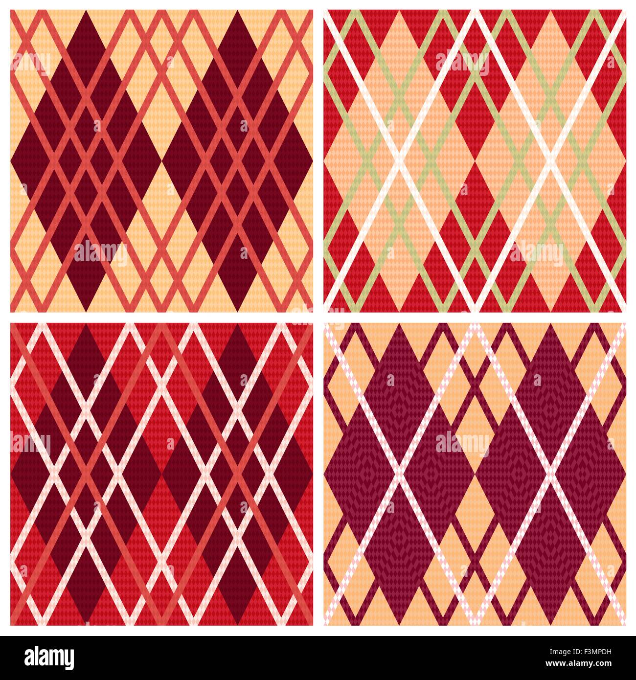 Four rhombic seamless vector patterns in red hues collected in one file, patterns in same as a Celtic tartan plaid Stock Vector