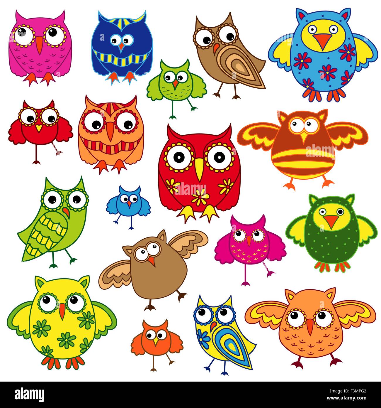 Set of eighty colourful vector owls isolated on white background Stock ...