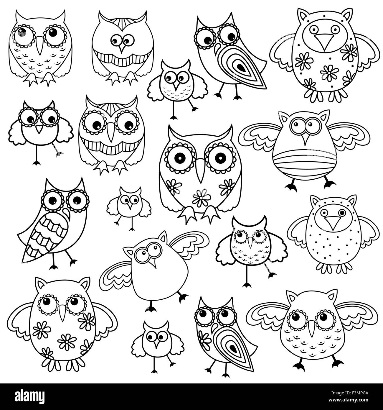Set of eighty funny owls, black vector contour isolated on white background Stock Vector