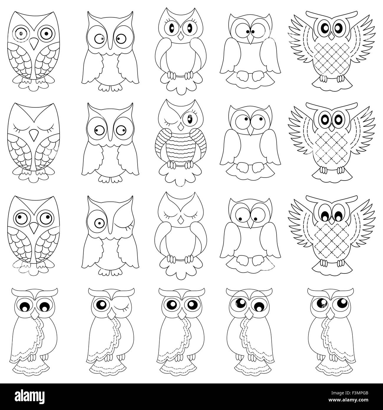 Set of twenty funny owls, black vector contour isolated on white background Stock Vector