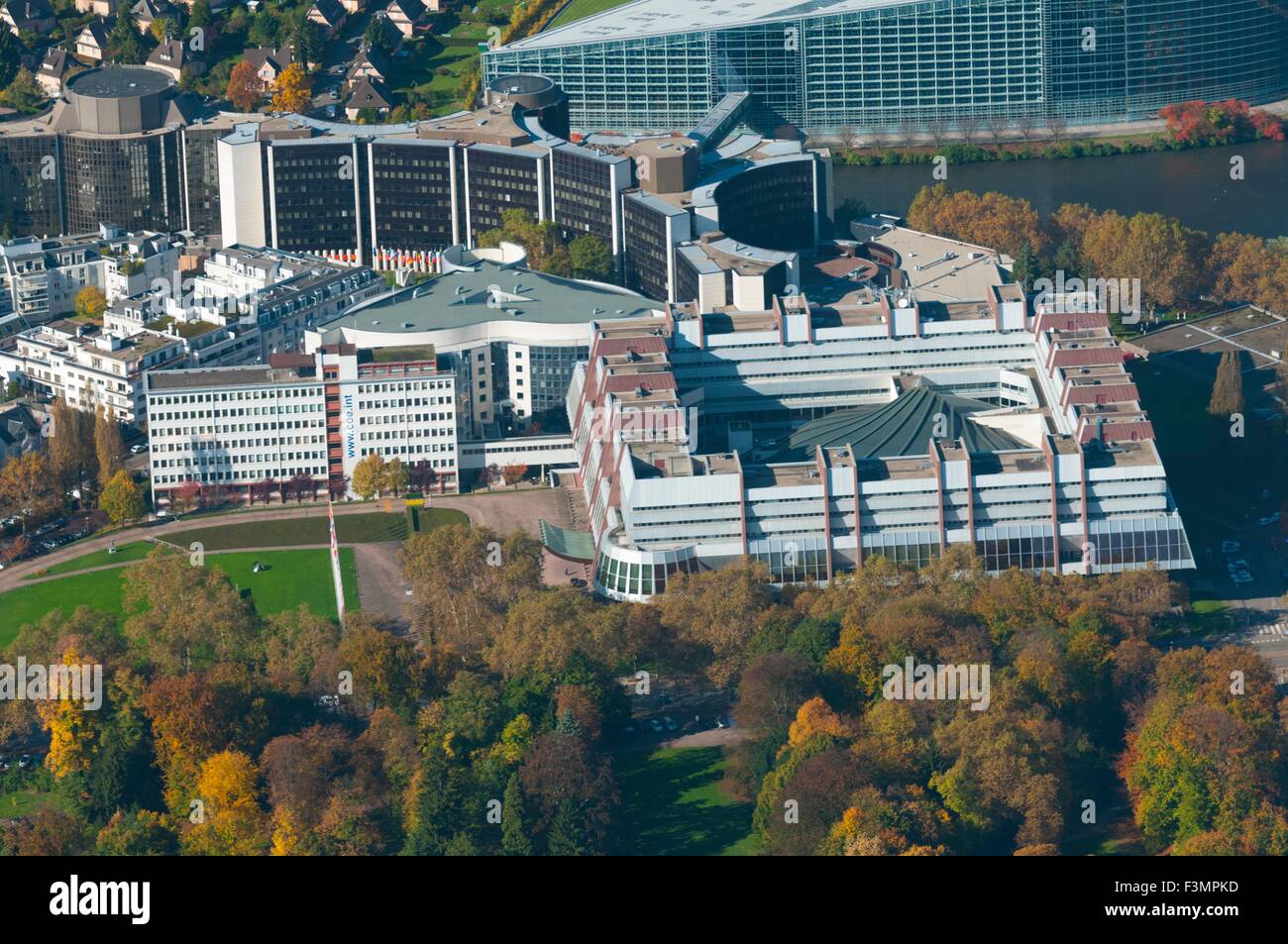 France, Bas Rhin (67), Strasbourg, European Institutions buildings, Palace of Europe and European parliament (aerial view) Stock Photo