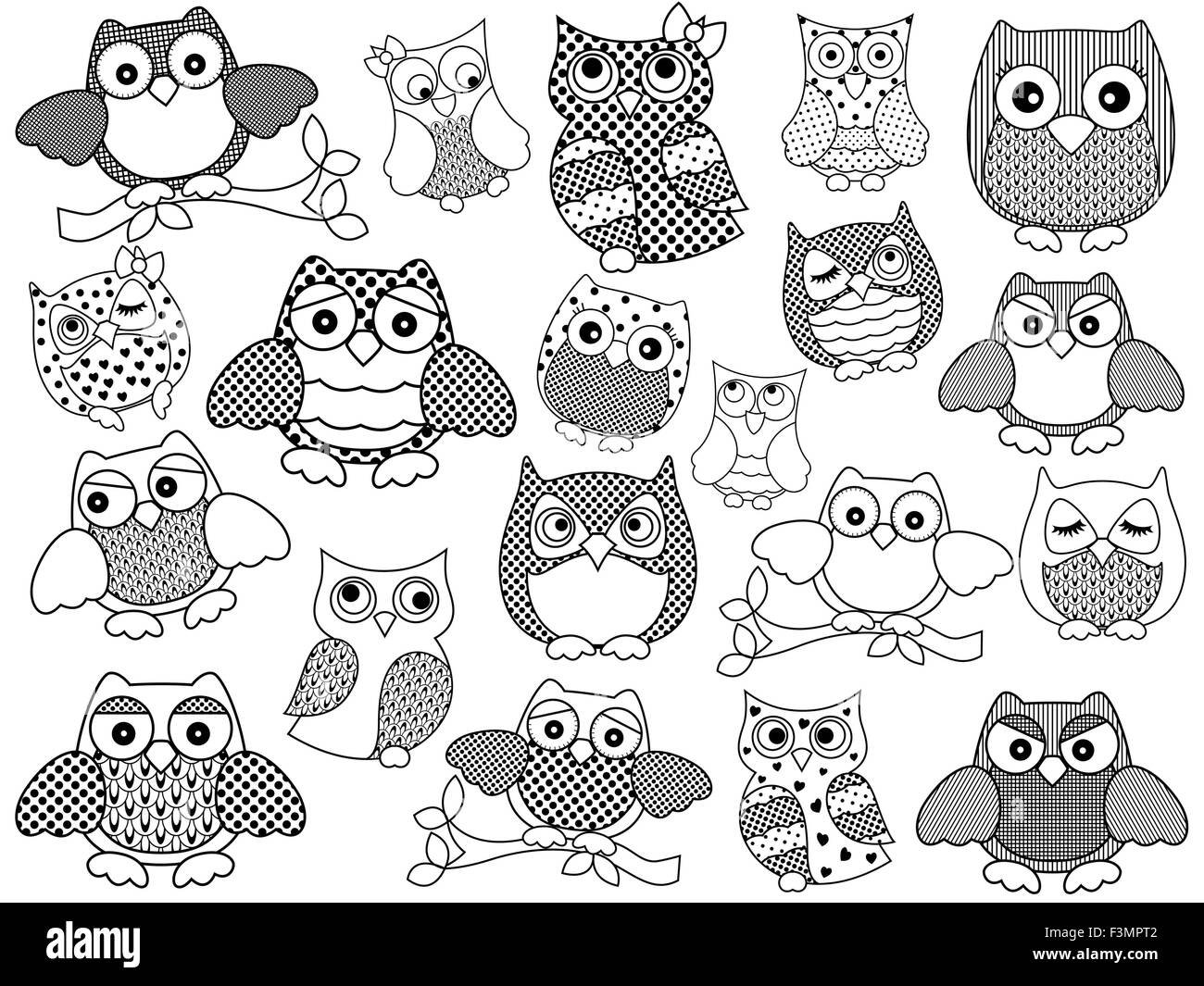 Amusing and funny twenty ornamental owls set, black vector contours isolated on white background Stock Vector