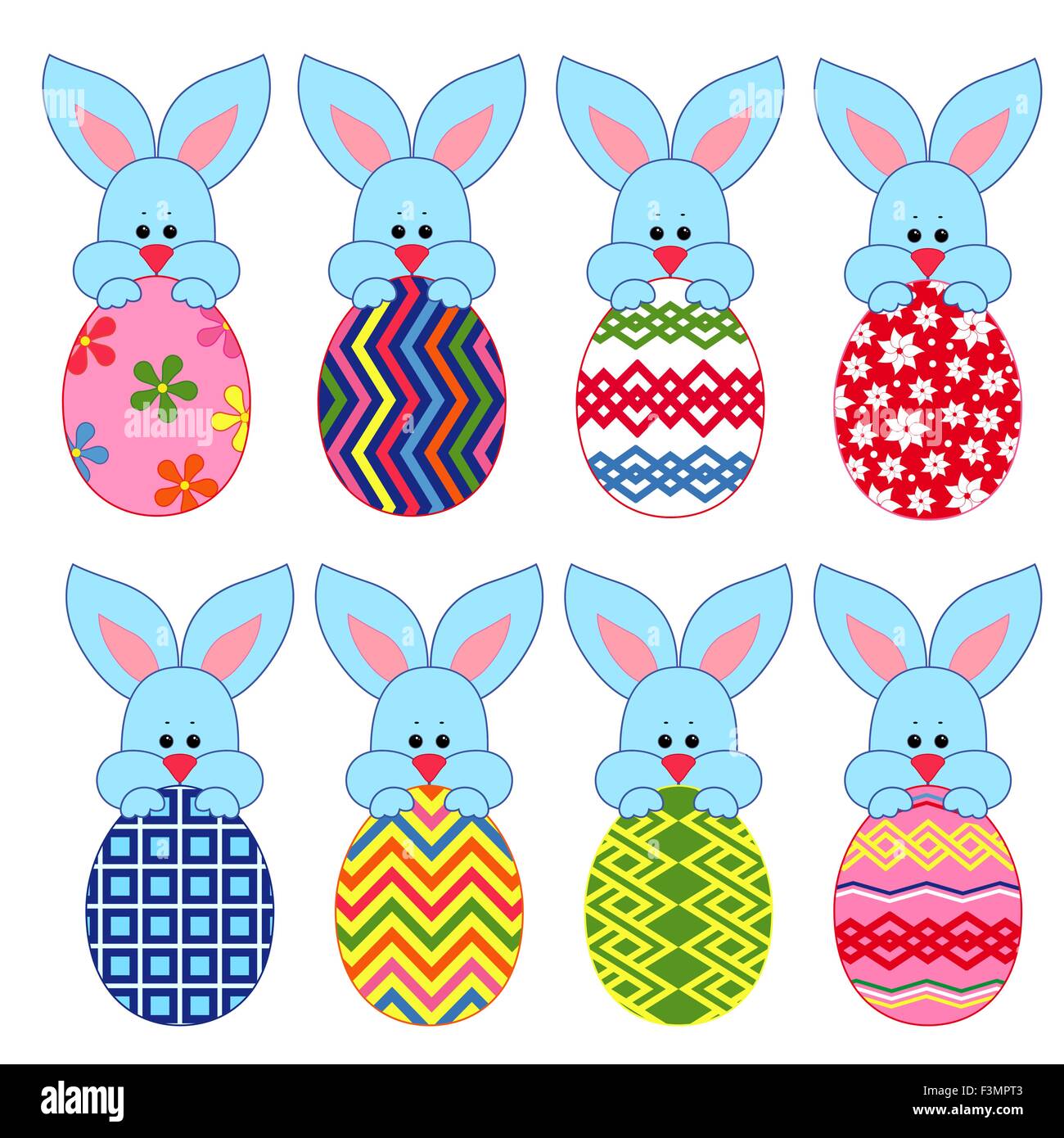 Set of eight little Bunnies with ornamental Easter eggs, hand drawing vector illustration Stock Vector