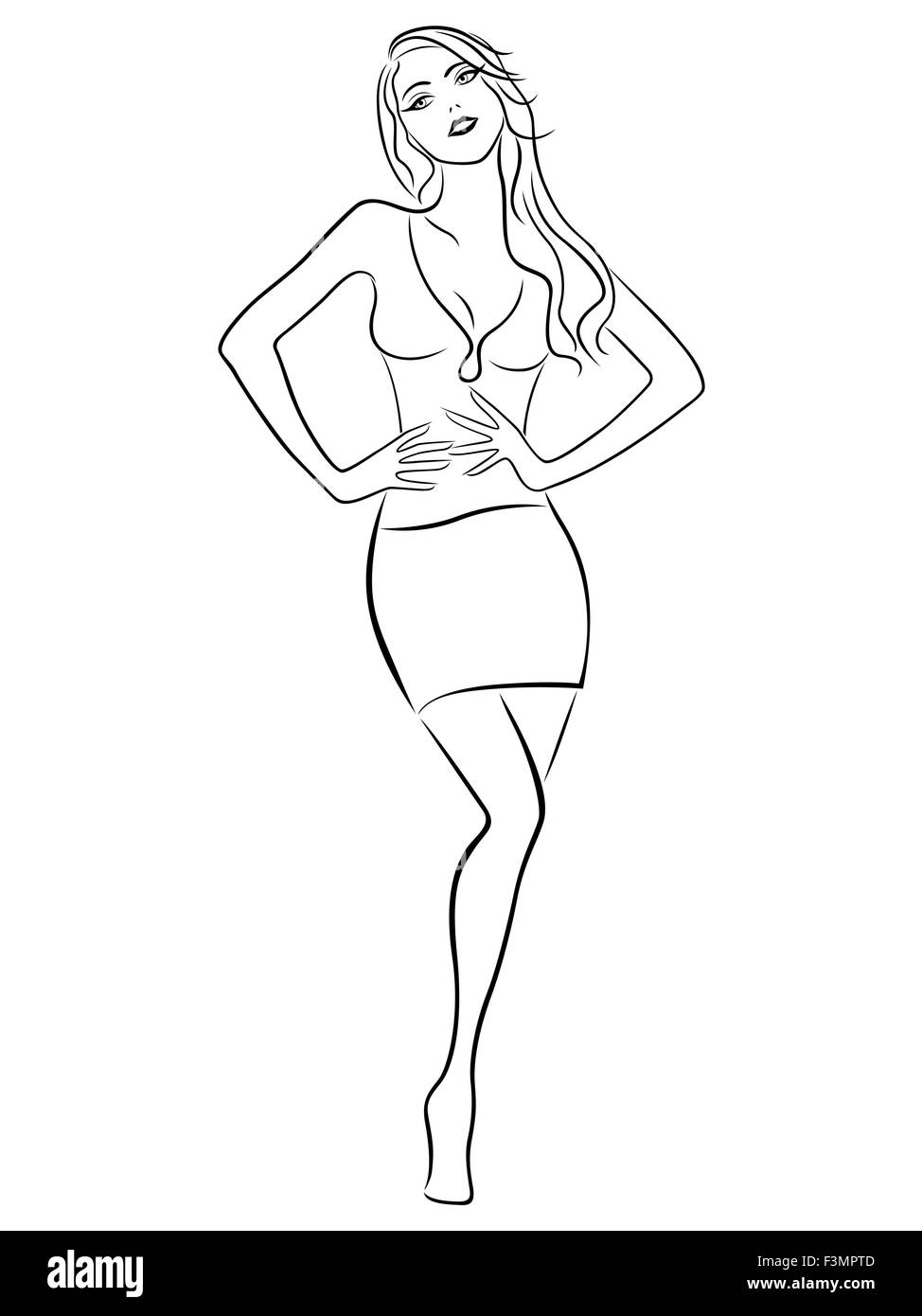 Beautiful slender girl posing in a short skirt, hand drawing vector outline Stock Vector