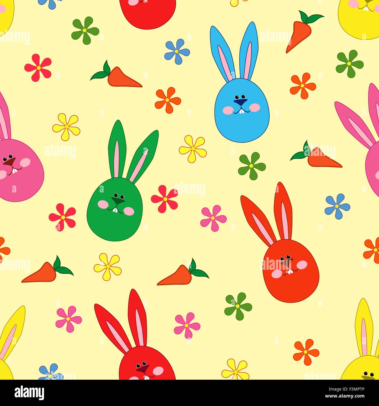 Easter seamless vector pattern with small rabbit faces, and carrots over yellow Stock Vector