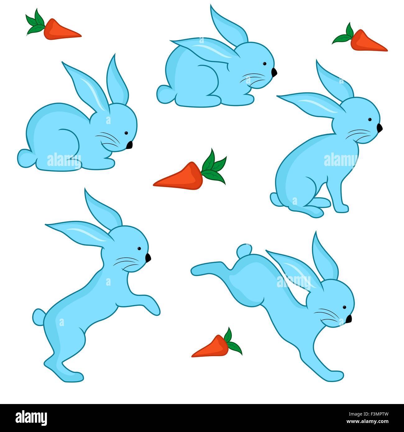 Set of five blue Easter Bunnies with carrots isolated over white background, vector illustration Stock Vector