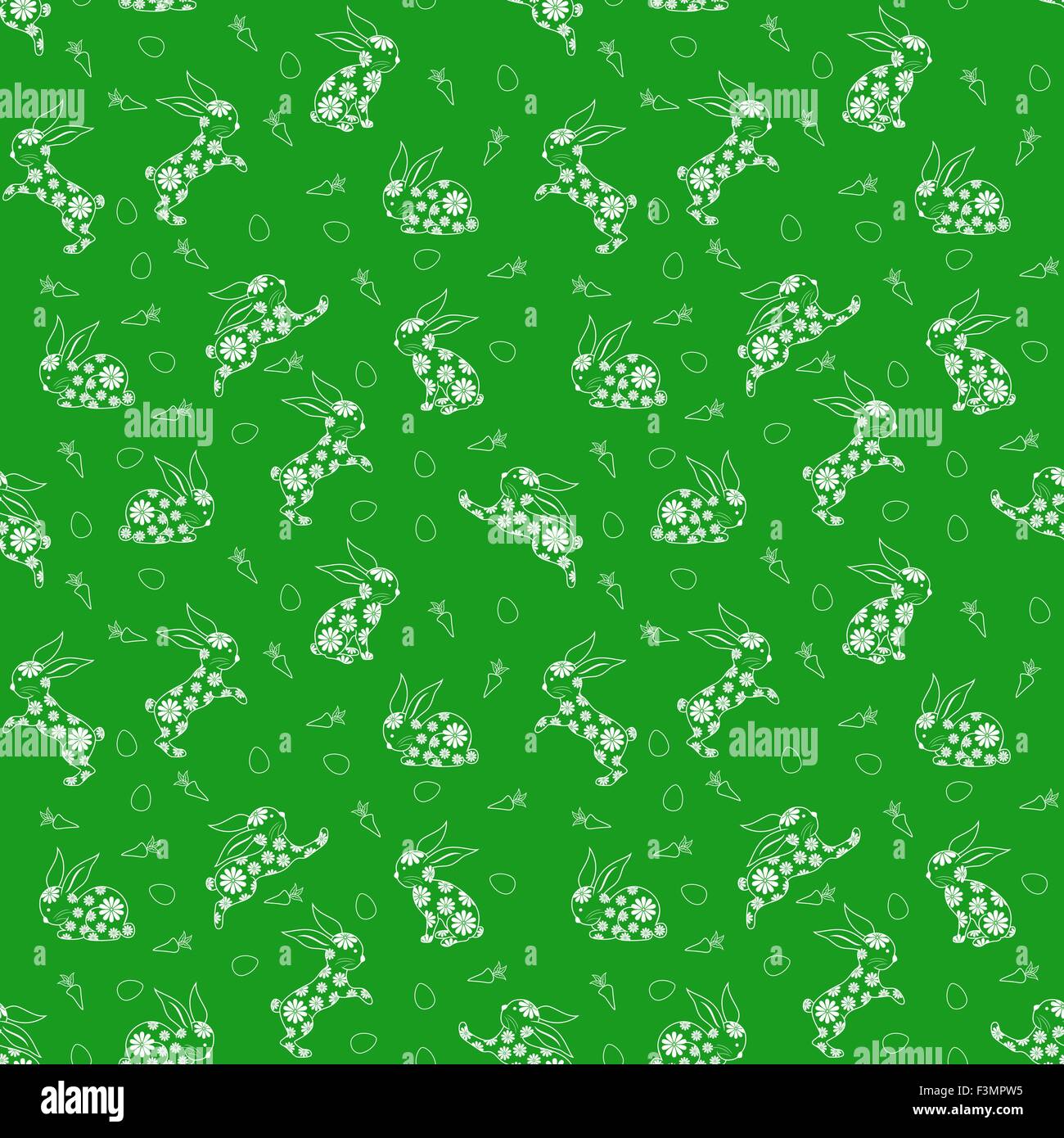 Seamless vector pattern with white Easter rabbits over green background Stock Vector