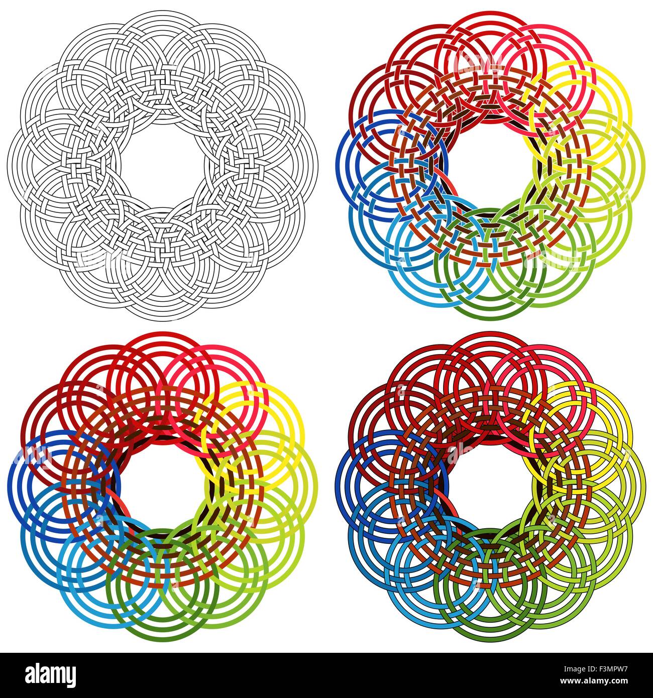 Four abstract vector circular colorful shapes as a wicker patterns with different details in performance Stock Vector