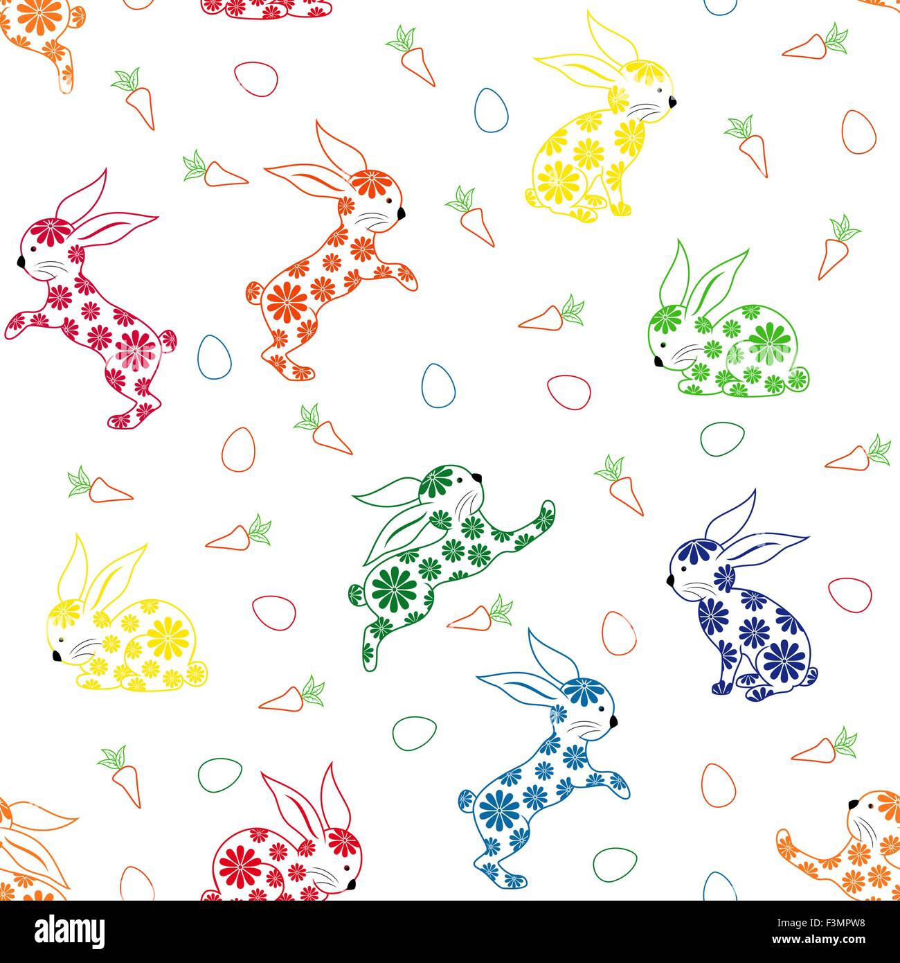 Seamless vector pattern with ornamental colorful Easter rabbits on a white background Stock Vector