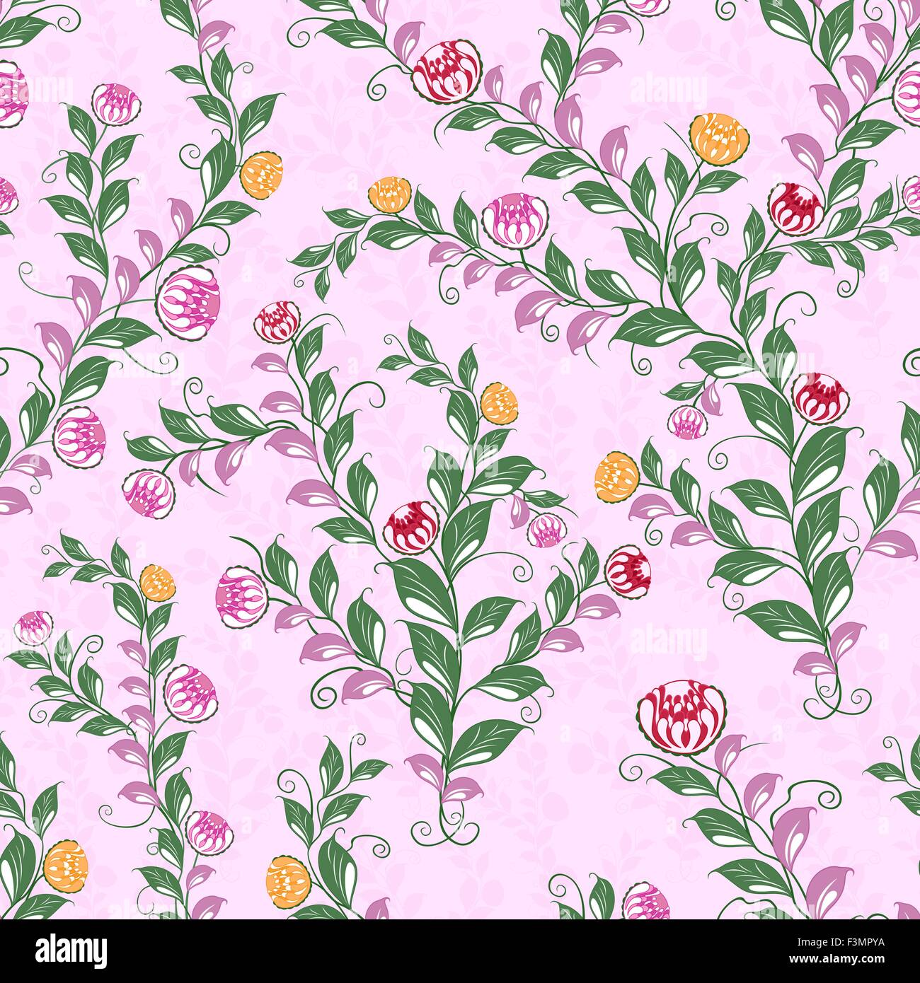 Floral seamless vector pattern with flowering plants, hand drawing illustration Stock Vector